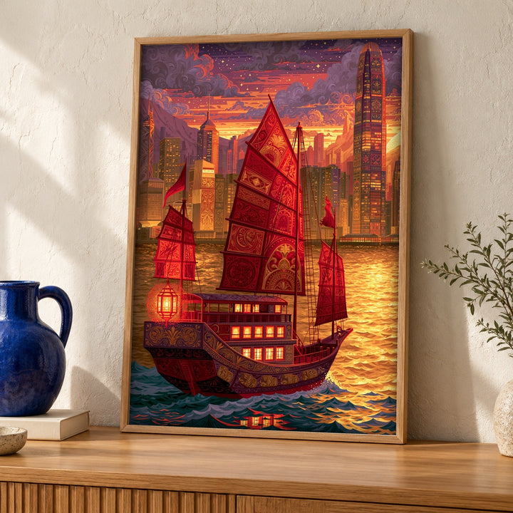 Chinese Junk Ship Art, Hong Kong Harbor Print