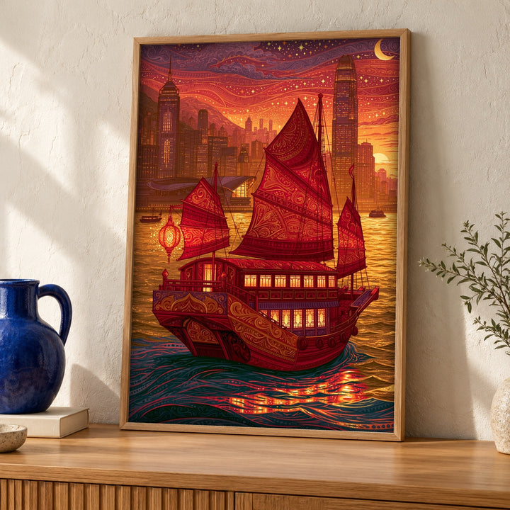 Chinese Junk Ship Art, Hong Kong Harbour Print