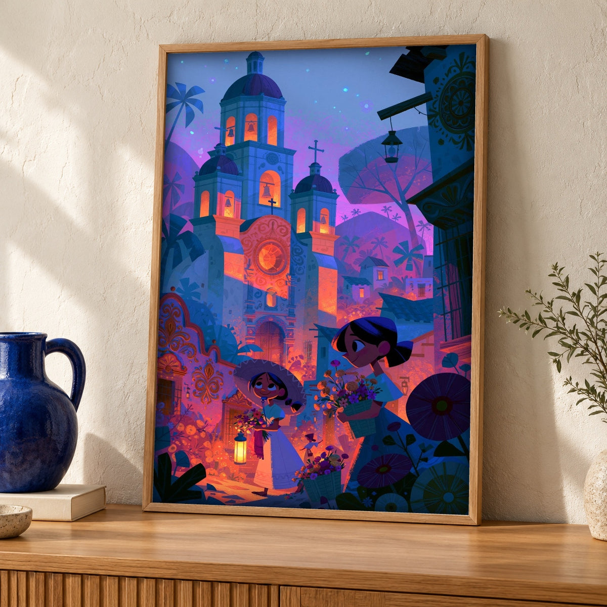 Mexican Folk Art, Colonial Church Night Scene, Catholic Gift — oak frame room mockup