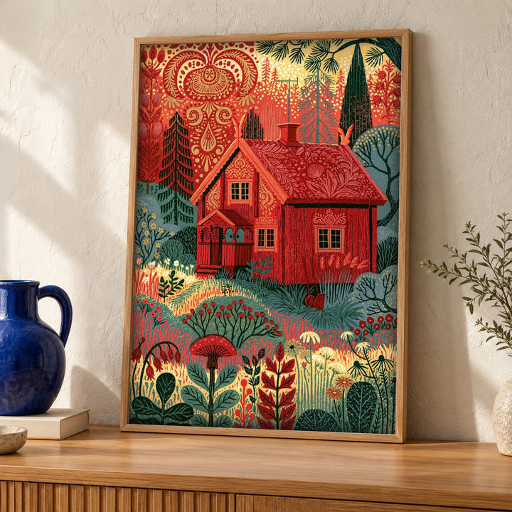 Forest Wall Art, Nordic Folk Cottage Print, Enchanted Woodland