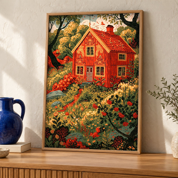 Folk Art, Scandinavian Cottage Print, Woodland Wall Decor