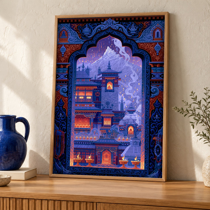 Himalayan Monastery Buddhist Pixel Art, Sacred Tibetan Print