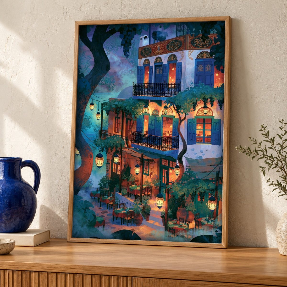 Mediterranean Wall Art, Ottoman Taverna Night Print — oak frame room mockup
