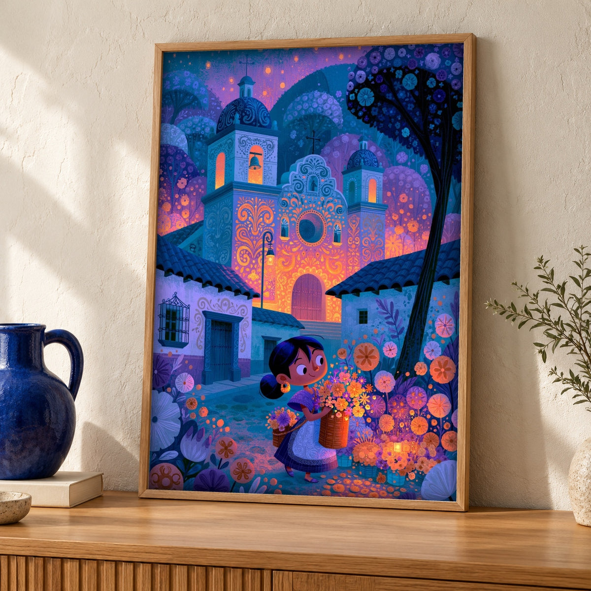 Mexican Folk Art, Colonial Church Poster, Catholic Gift — oak frame room mockup