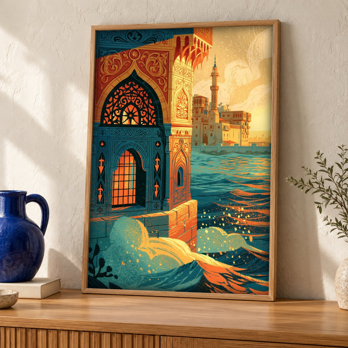 Ottoman Wall Art, Moorish Palace Print, Islamic Decor — oak frame room mockup