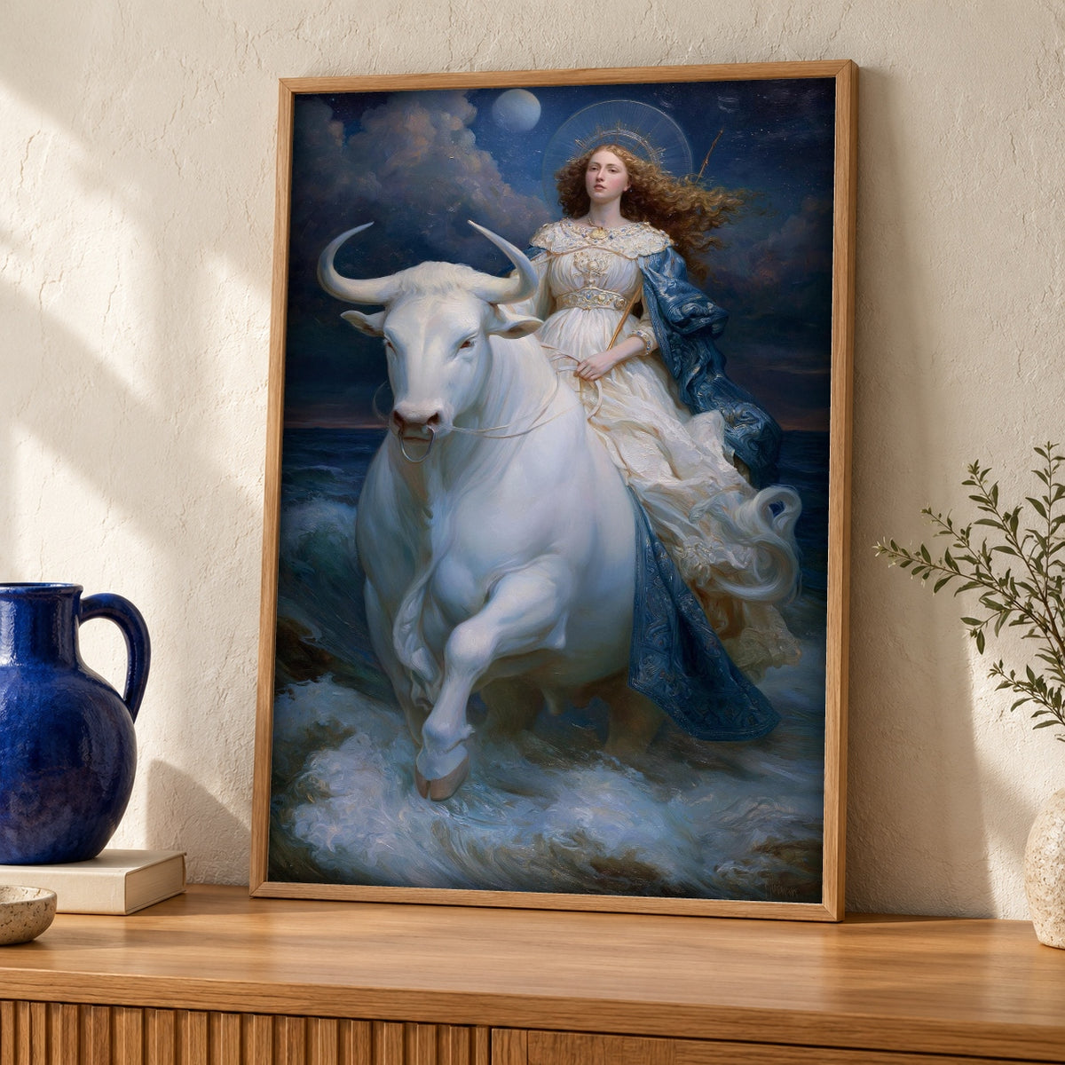 Greek Mythology Art, Europa and the Bull — oak frame room mockup