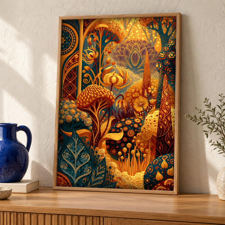 Enchanted Forest Art, Mystical Botanical Fantasy, Vibrant Folk Decor