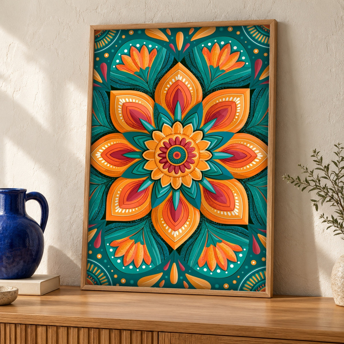 Indian Art, Mughal Floral Medallion Print, Vibrant Wall — oak frame room mockup