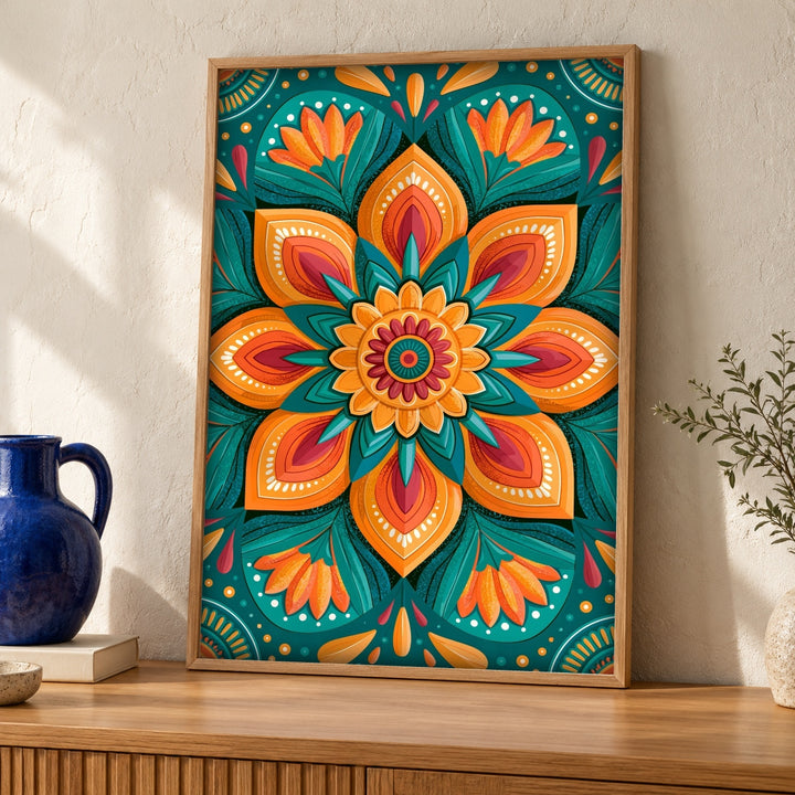 Indian Art, Mughal Floral Medallion Print, Vibrant Wall