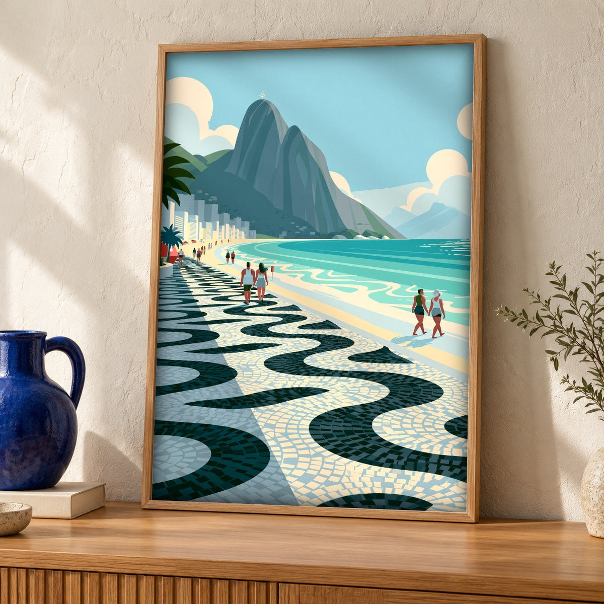 Retro Travel Poster, Copacabana Rio de Janeiro, Coastal Decor — oak frame room mockup