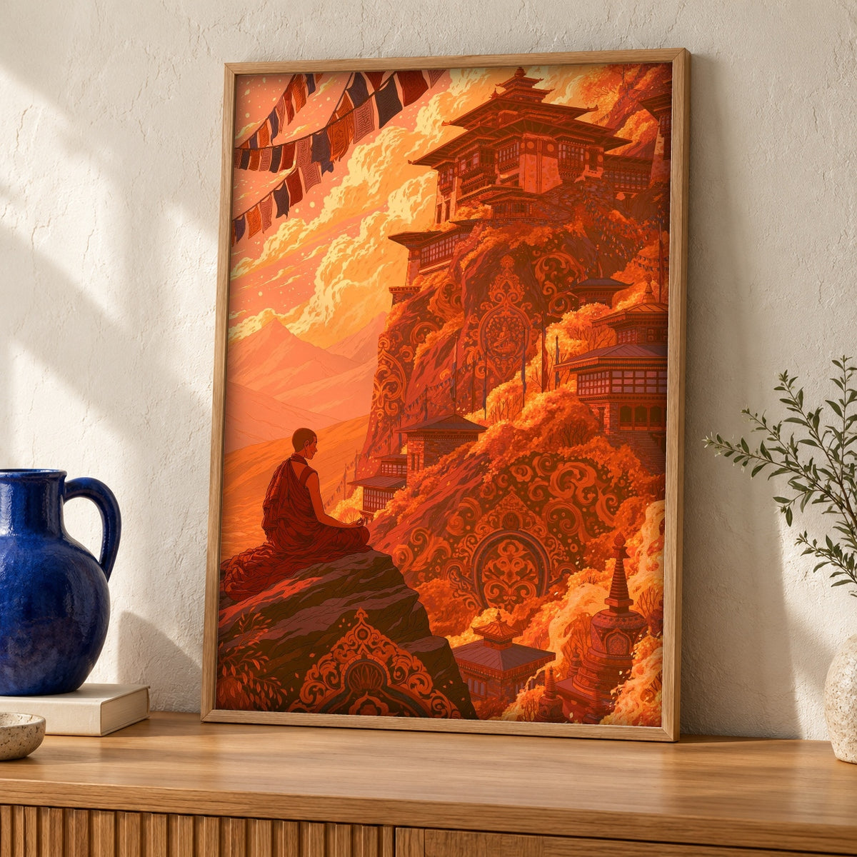 Buddhist monastery art, Himalayan Temple Print, Meditation Decor — oak frame room mockup