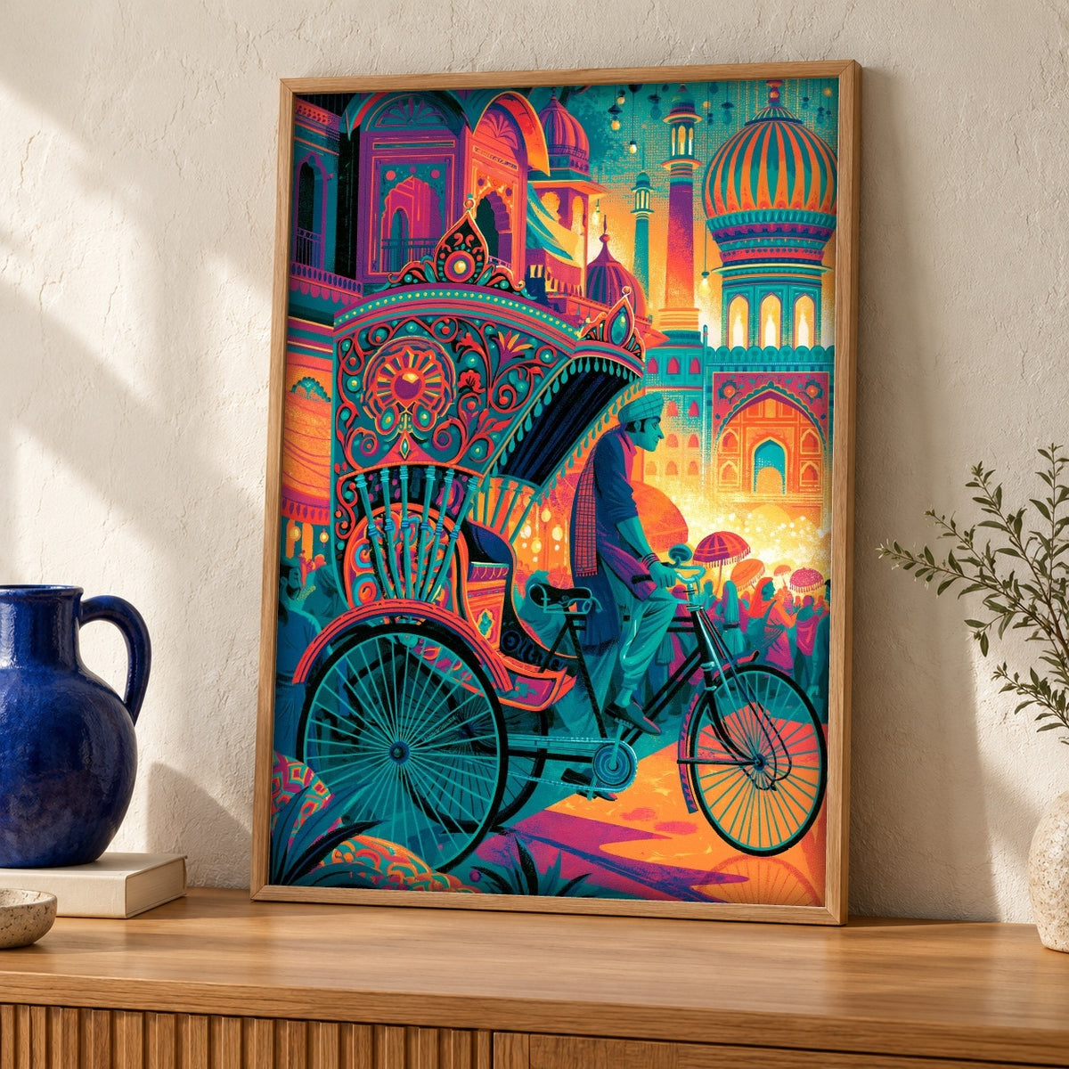 Mughal Empire Art, Old Delhi Rickshaw Print, Indian Decor — oak frame room mockup