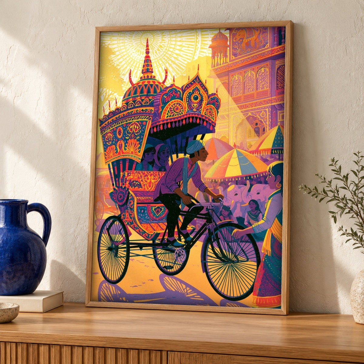 Indian Art Print, Jaipur Rickshaw Bazaar Poster, Vibrant Cultural Decor — oak frame room mockup