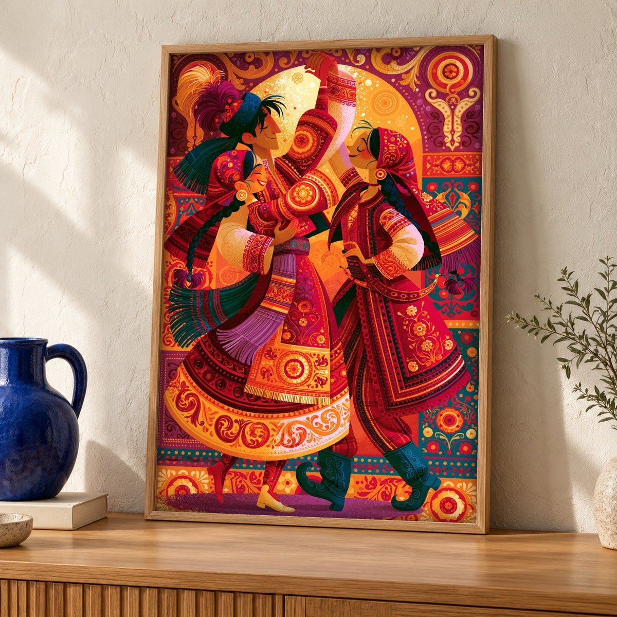 Folk Art, Central Asian Dance Print, Silk Road Decor — oak frame room mockup