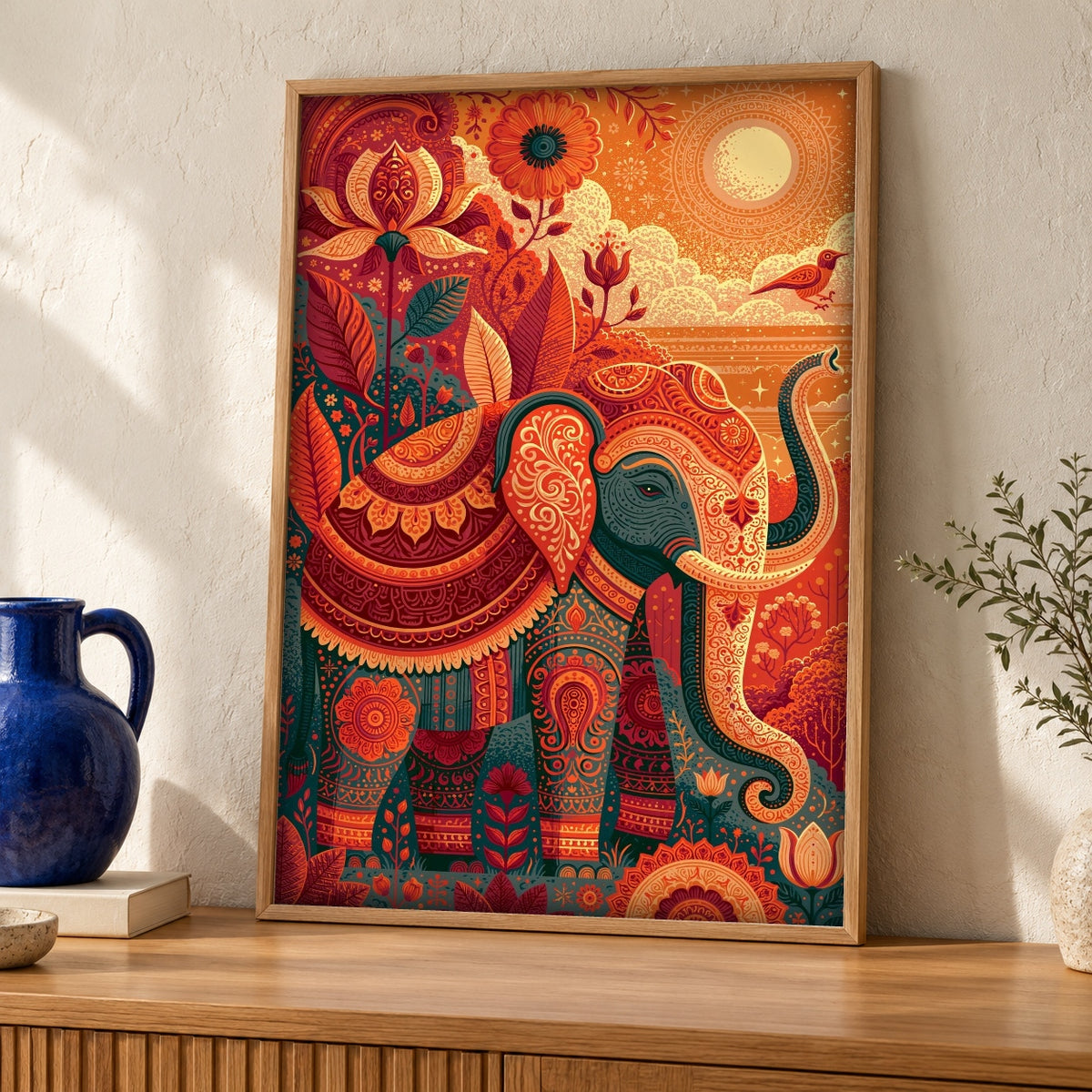 Indian Art, Mughal Ceremonial Elephant Print, Cultural Decor — oak frame room mockup