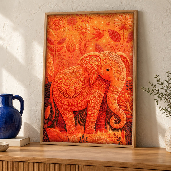 Indian Art Print, Mughal Elephant Decor, Folk Pattern Poster