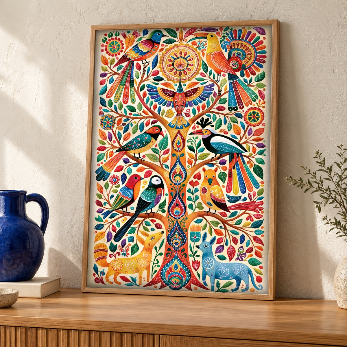 Mexican Folk Art, Tree of Life, Family Wall Decor — oak frame room mockup