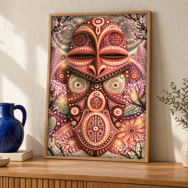Mexican Folk Art, Aztec Ceremonial Mask Print, Cultural Decor