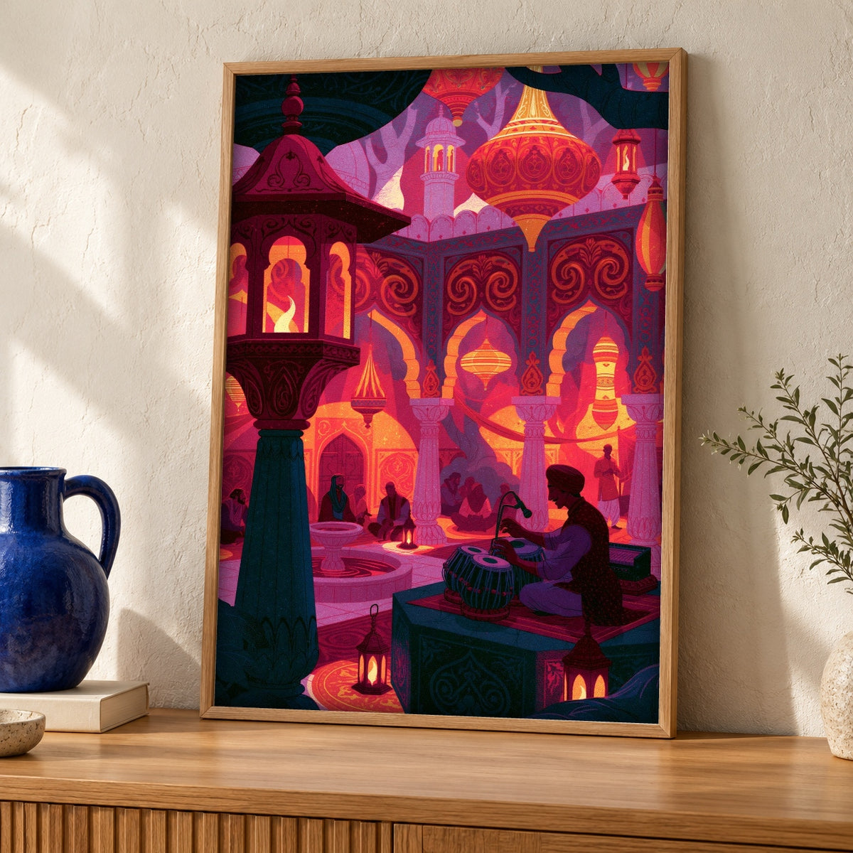 Mughal Court Art, Indian Empire Music Print, Islamic Decor — oak frame room mockup