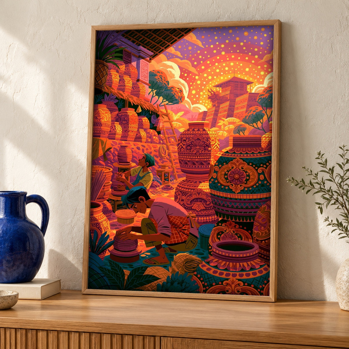Southeast Asian Art, Khmer Empire Pottery Artisans, Folk Craft — oak frame room mockup