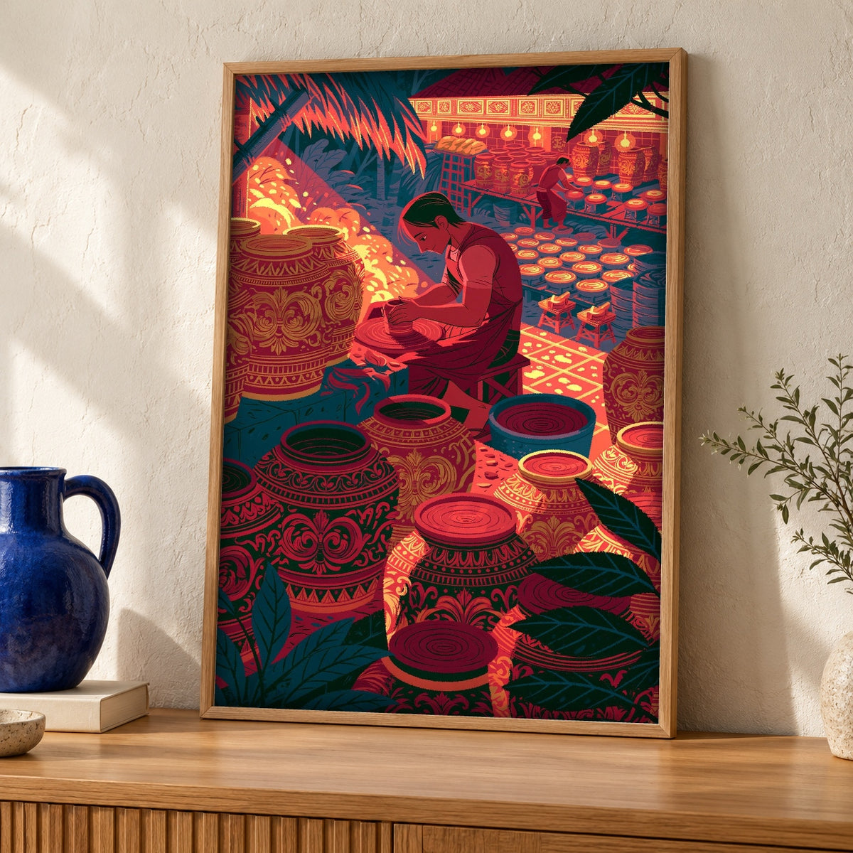 Southeast Asian Art, Ancient Pottery Craft Print, Cultural Decor — oak frame room mockup