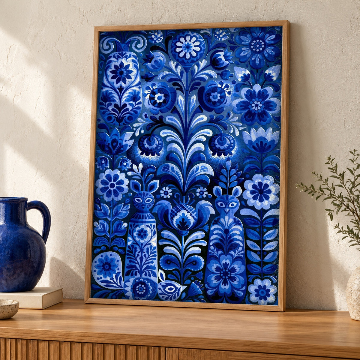 Folk Art Print, Polish Floral Design, Cultural Decor — oak frame room mockup