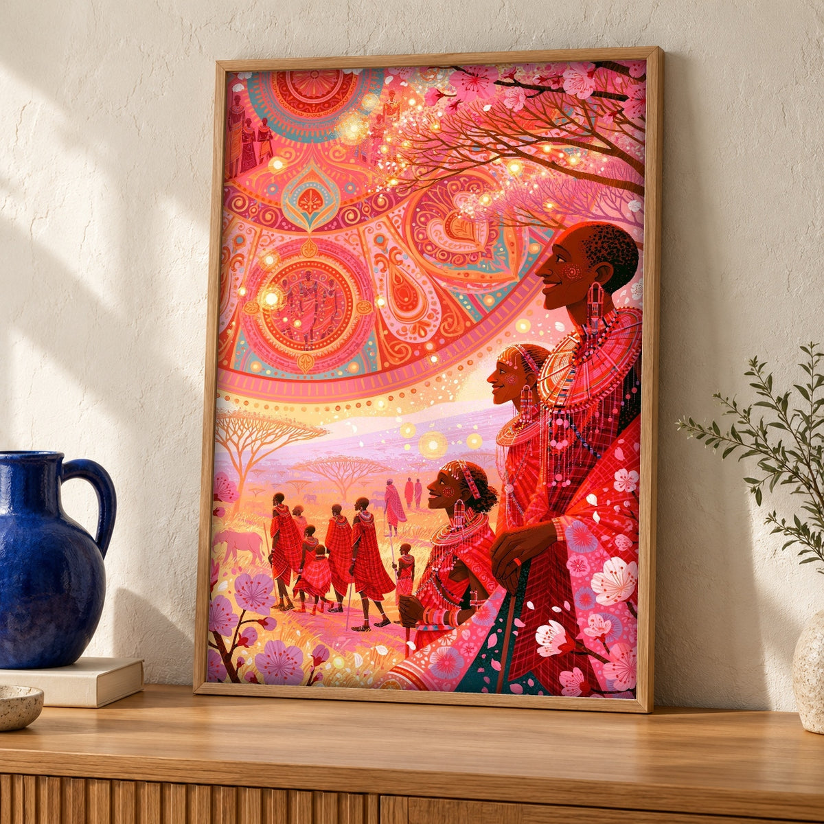 African Wall Art, Maasai Community Celebration, Indian Decor — oak frame room mockup