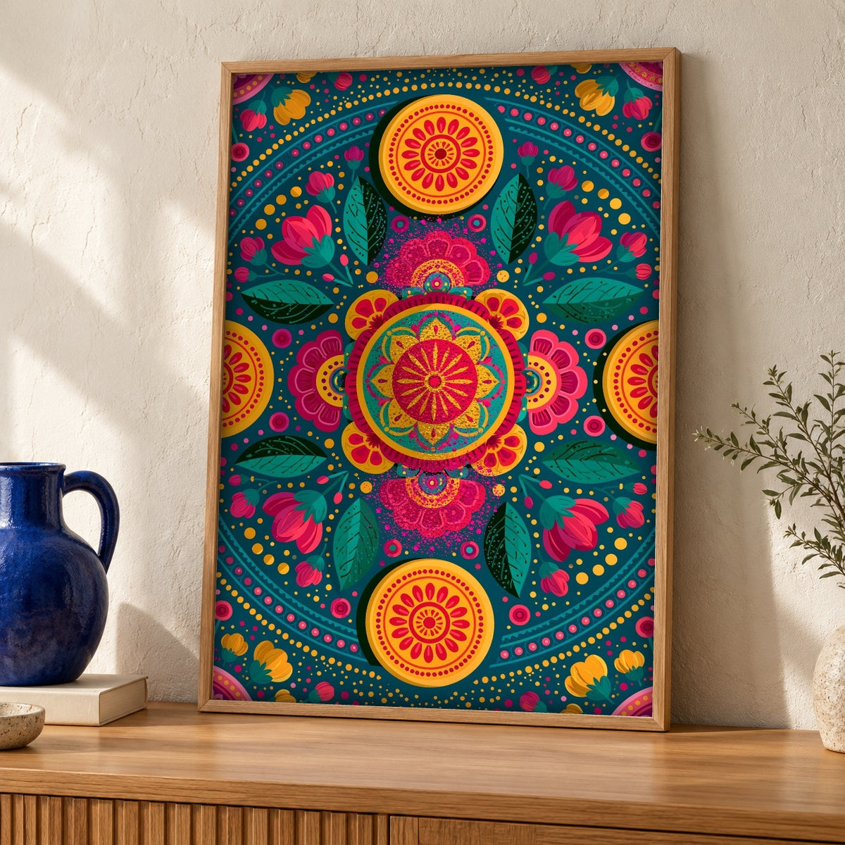 Indian Art, Mughal Mandala Medallion, Cultural Decor — oak frame room mockup