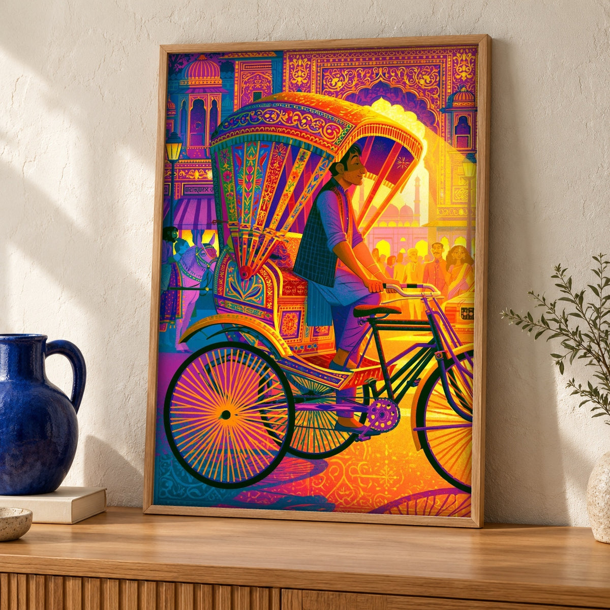 Indian Art, Mughal Bazaar Rickshaw Print, Cultural Decor — oak frame room mockup