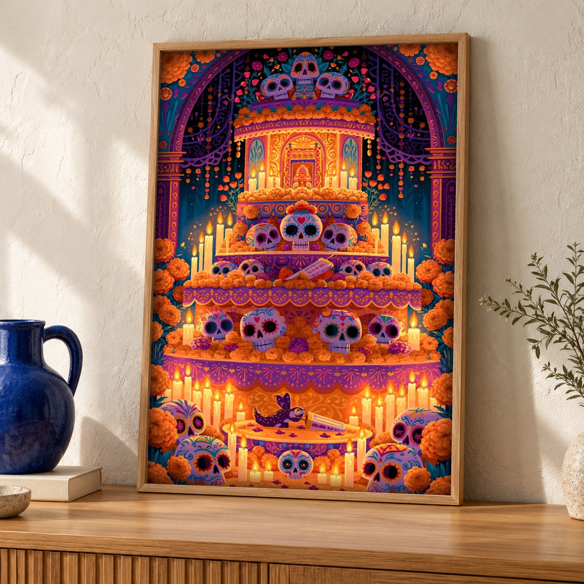 Mexican Folk Art, DÃ­a de Muertos Altar Print, Cultural Decor — oak frame room mockup