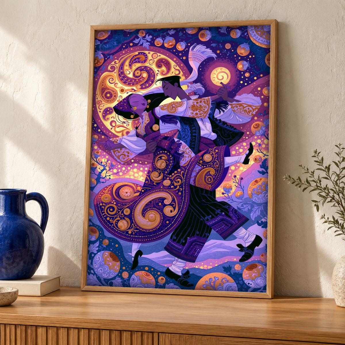 Folk Art, Ottoman Court Dance Print, Cultural Decor — oak frame room mockup