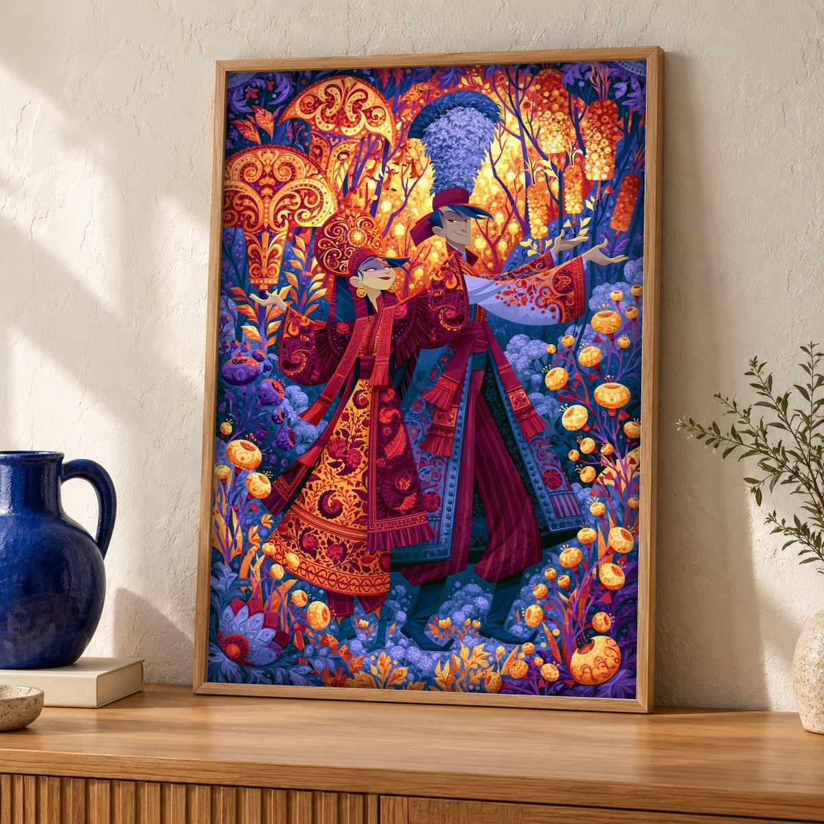 Vibrant Wall Art, Silk Road Imperial Court, Cultural Decor — oak frame room mockup
