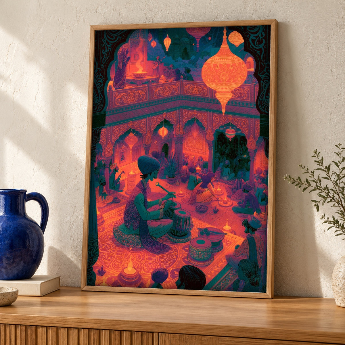 Mughal Court Art, Indian Tabla Musician Print, Cultural Decor — oak frame room mockup