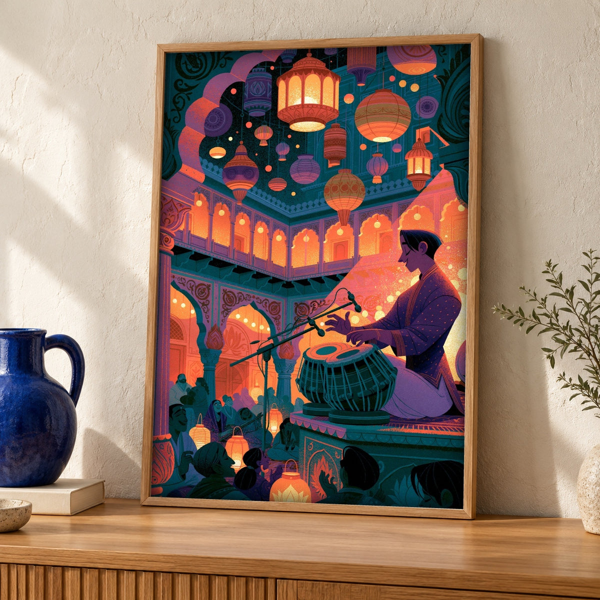 Indian Classical Music, Mughal Court Tabla Print, Vibrant Wall Art — oak frame room mockup