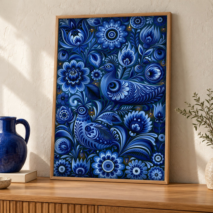 Mexican Folk Art Print, Cobalt Blue Bird Botanical Decor