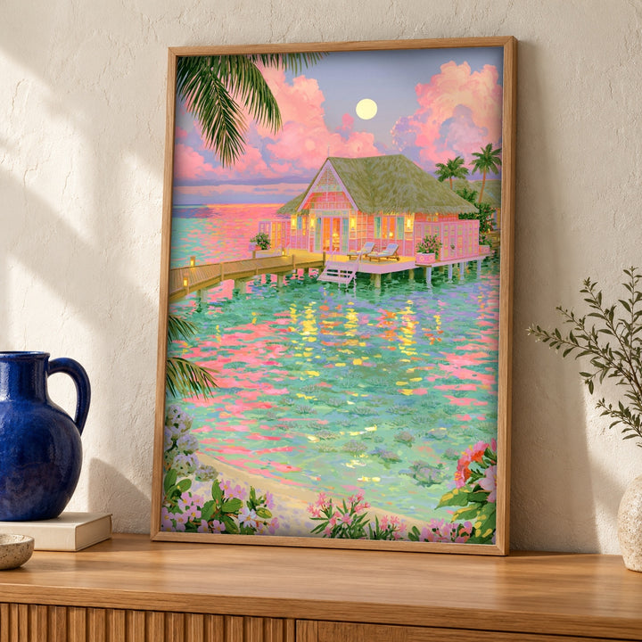 Retro Travel Poster, Tropical Paradise Bungalow, Coastal Wall Decor