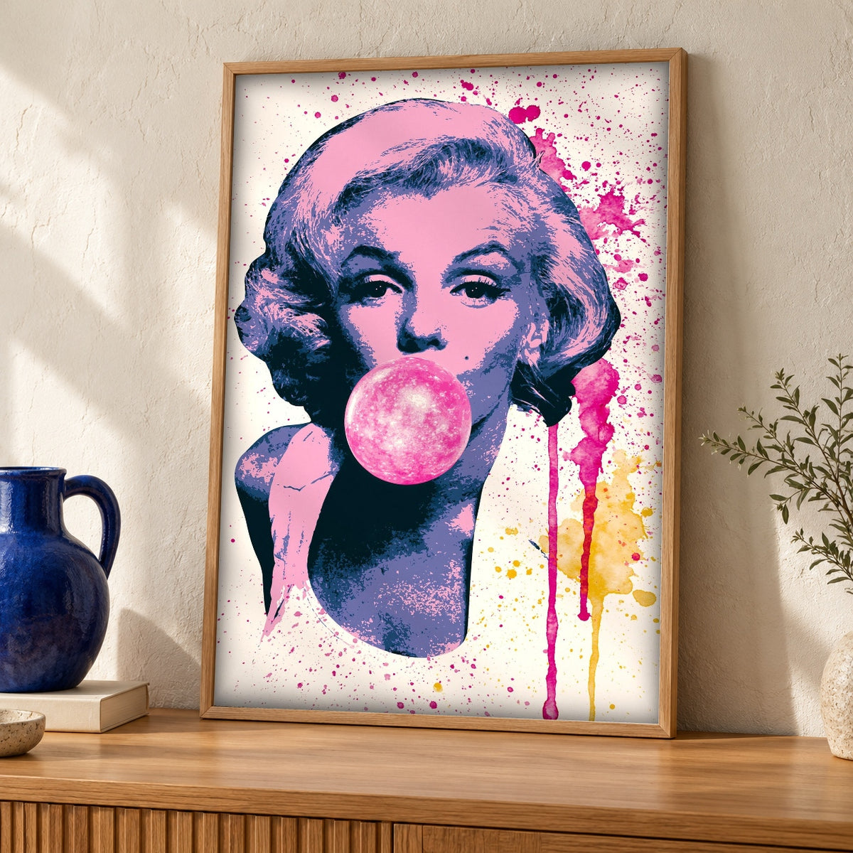 Hypebeast Decor Pop Art, Bubble Gum Icon Print, Vibrant Retro Splash — oak frame room mockup