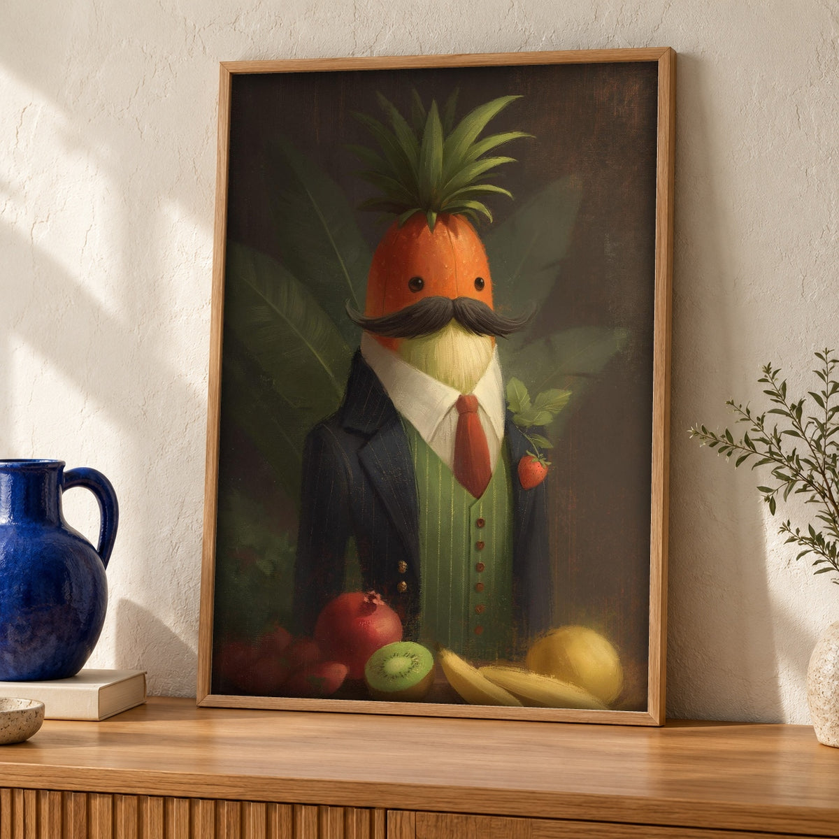 Dark Academia Art, Pineapple Gentleman Portrait, Funny Poster — oak frame room mockup