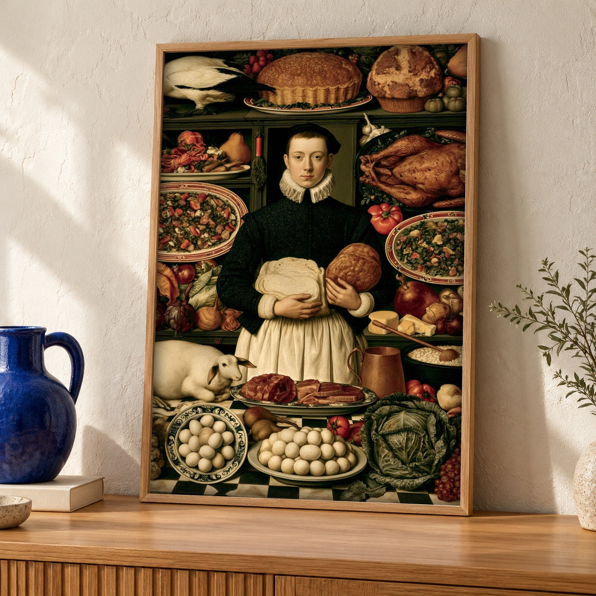 Medieval Wall Art, Flemish Kitchen Maid Print, Renaissance Feast — oak frame room mockup