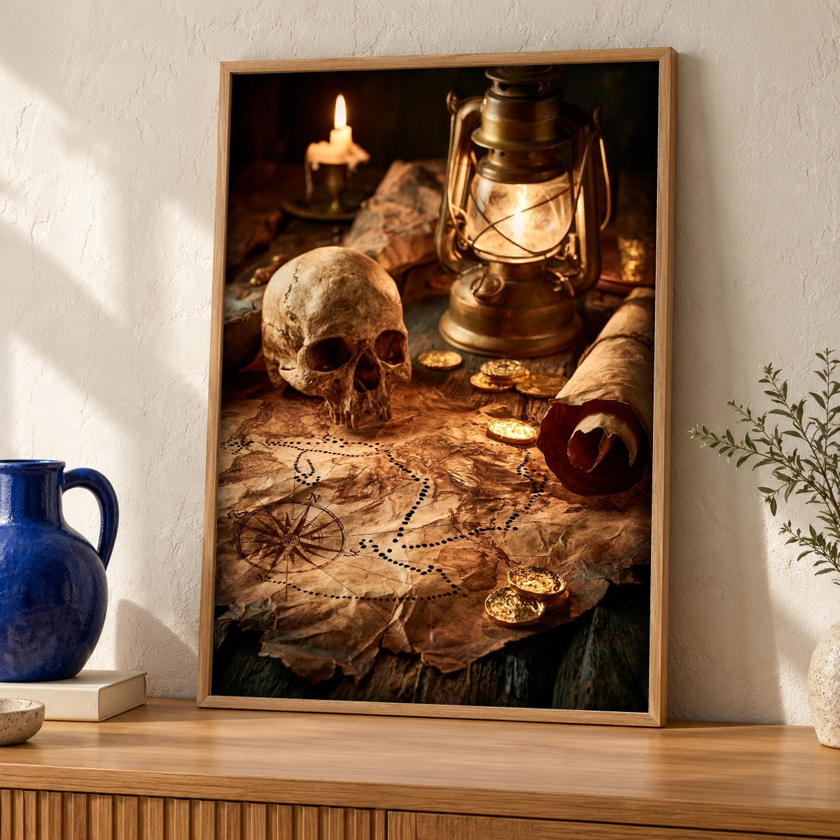 Treasure Map Art, Pirate Skull Coins, Man Cave Decor — oak frame room mockup