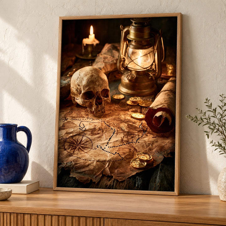 Treasure Map Art, Pirate Skull Coins, Man Cave Decor