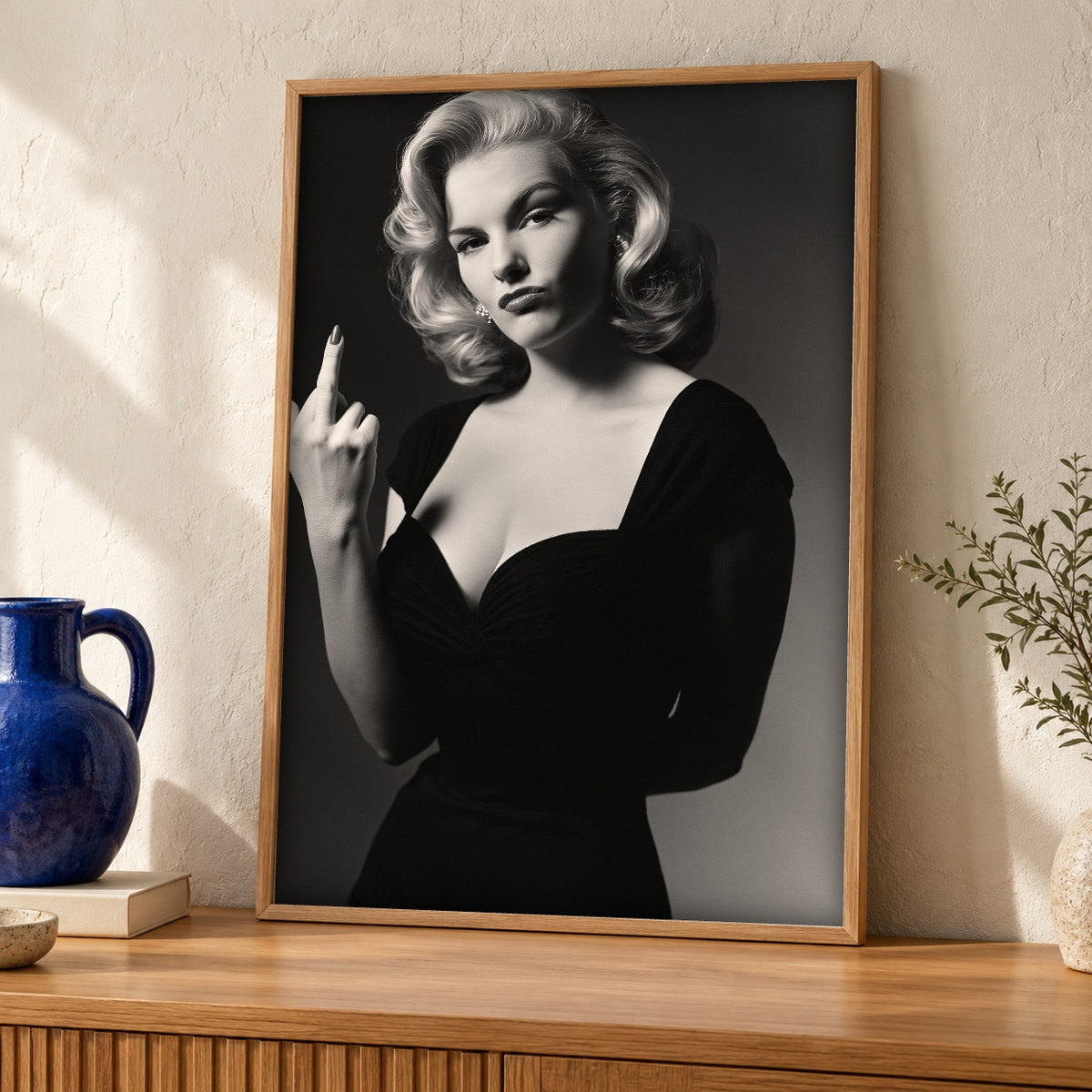 Retro Wall Art, Noir Glamour Vintage Pin-Up Print — oak frame room mockup