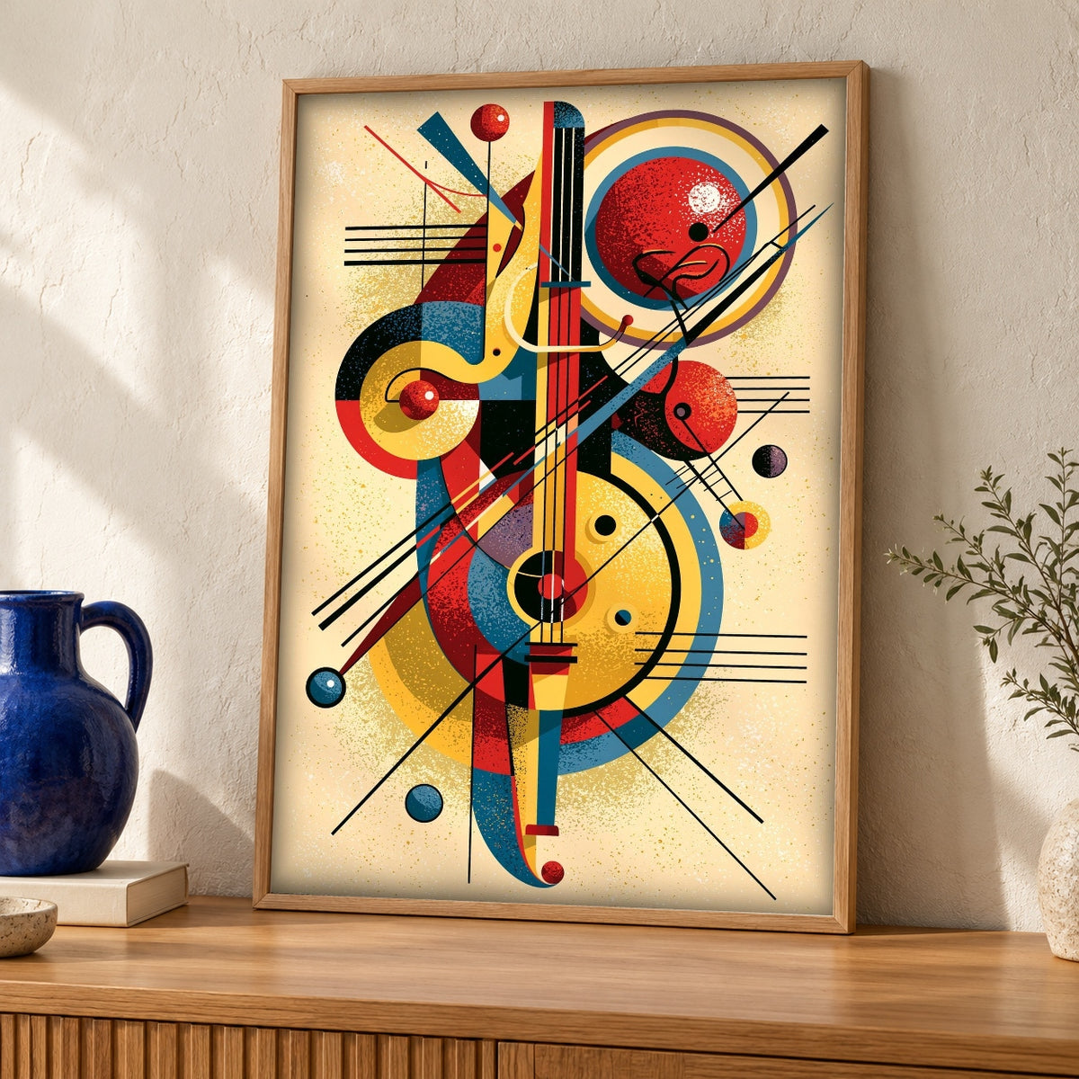 Abstract Wall Art, Jazz Music Instrument Print, Vibrant Retro — oak frame room mockup
