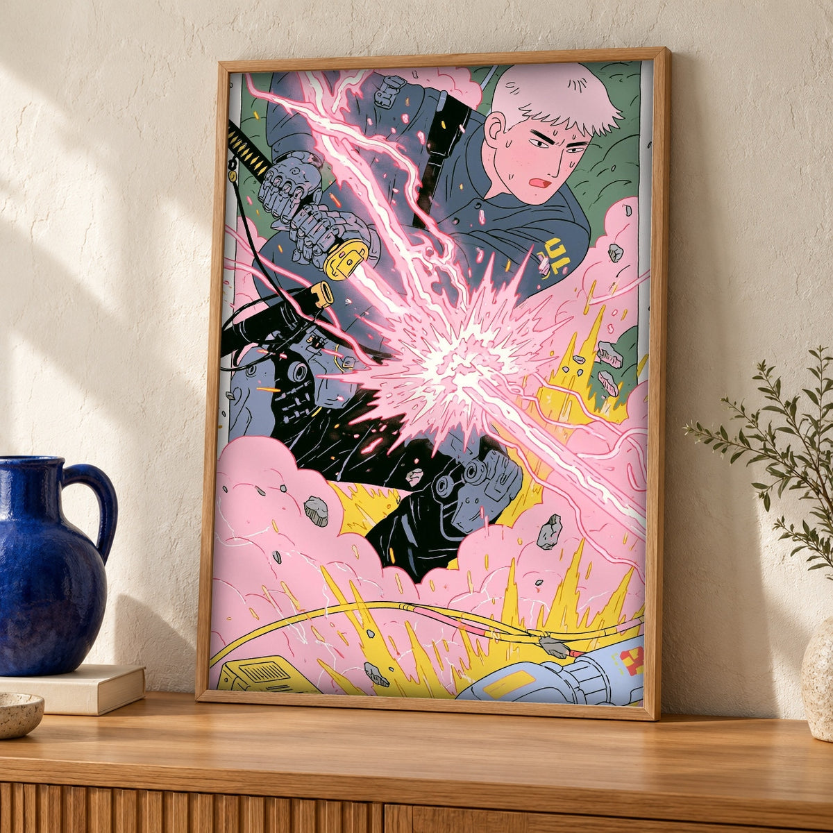 Samurai Warrior Art, Dark Fantasy Combat Poster — oak frame room mockup