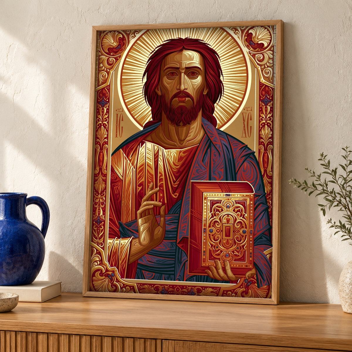 Orthodox Icon Art, Byzantine Christ Jesus Print, Christian Gift — oak frame room mockup