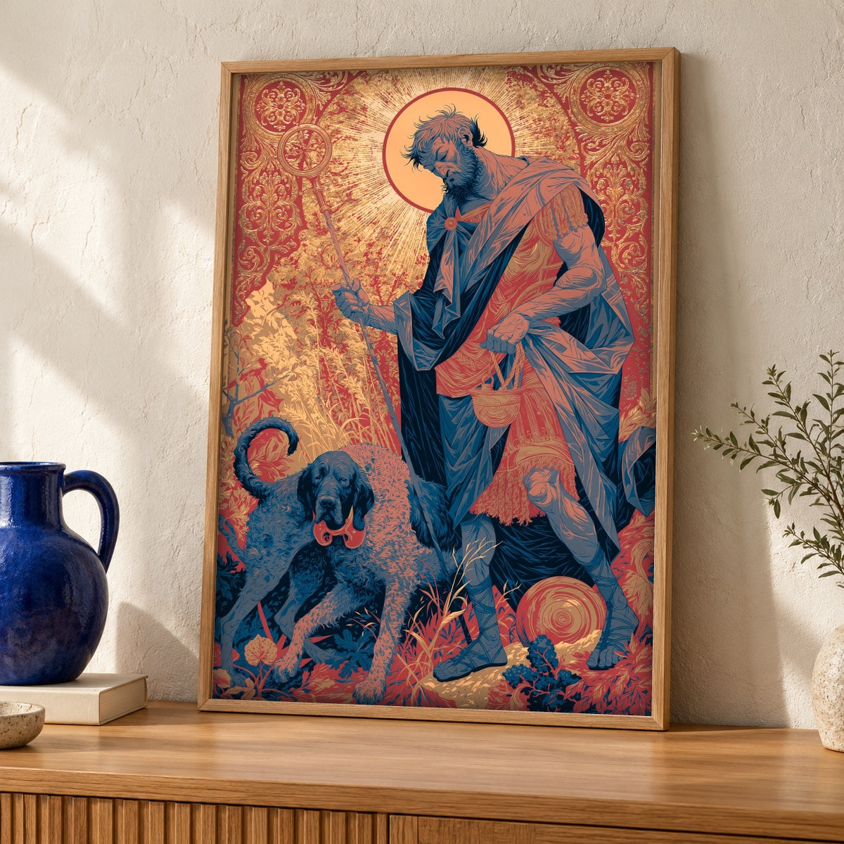 Christian Wall Art, Saint Roch Icon, Medieval Catholic Pilgrim — oak frame room mockup