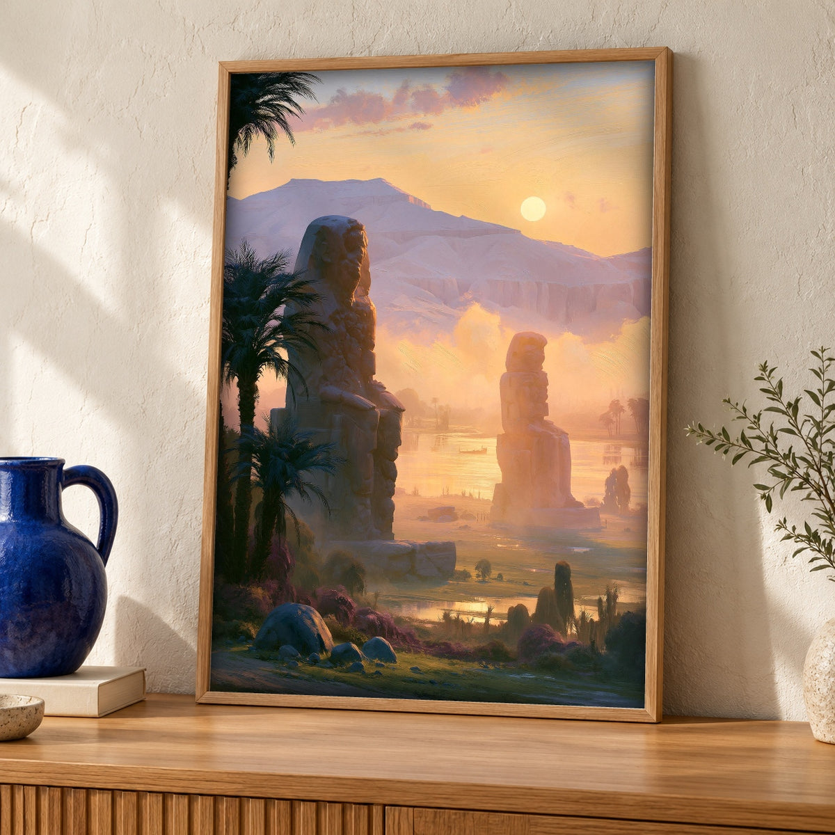 Ancient Egypt Art, Colossi of Memnon Nile Print, Masculine — oak frame room mockup