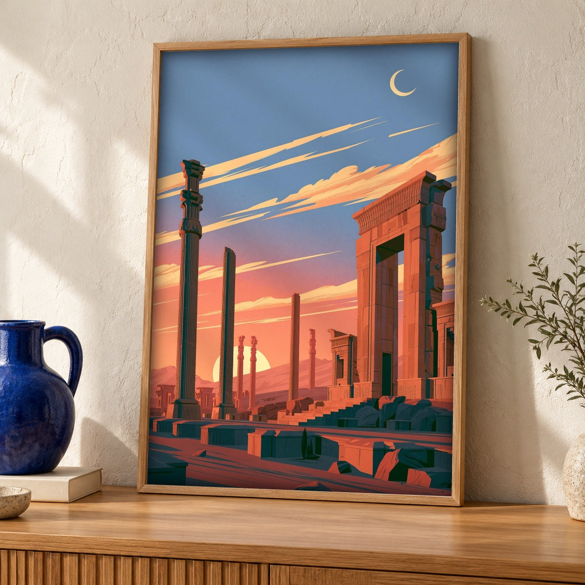 Persian Ruins Art, Achaemenid Empire Print, Ancient Columns — oak frame room mockup