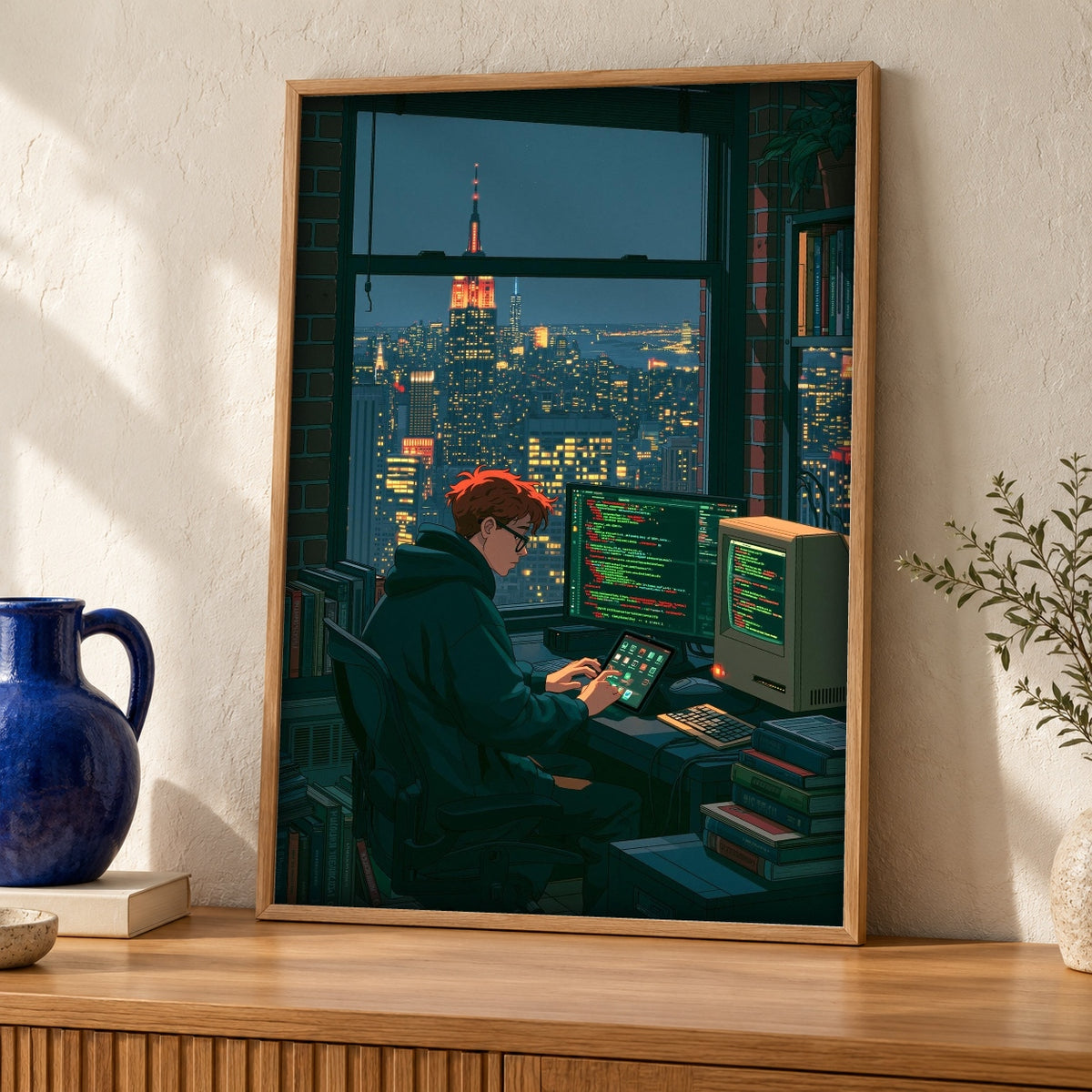 Hypebeast Decor, Pixel Coder NYC Skyline, Retro Poster — oak frame room mockup