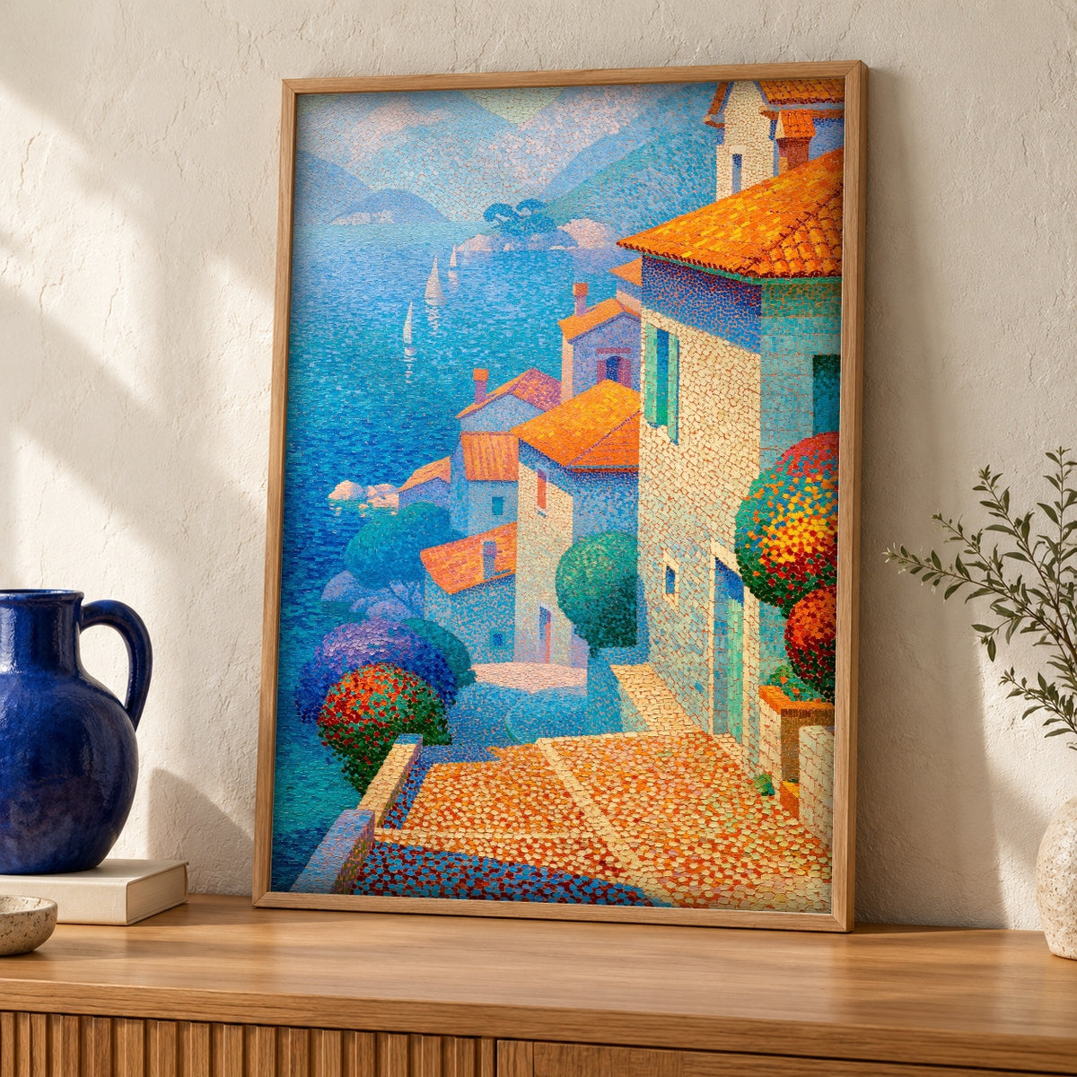 Italian Coast Wall Art, Mediterranean Village Print — oak frame room mockup
